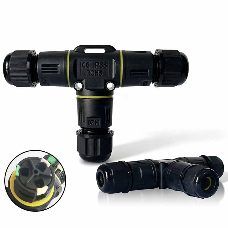 Outdoor Lighting Connectors - IP68 Waterproof T-Type Cable Connector 3-Way